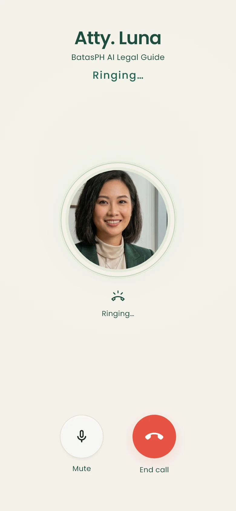 BatasPH ringing screen with Atty. Luna, mute, and end call controls.
