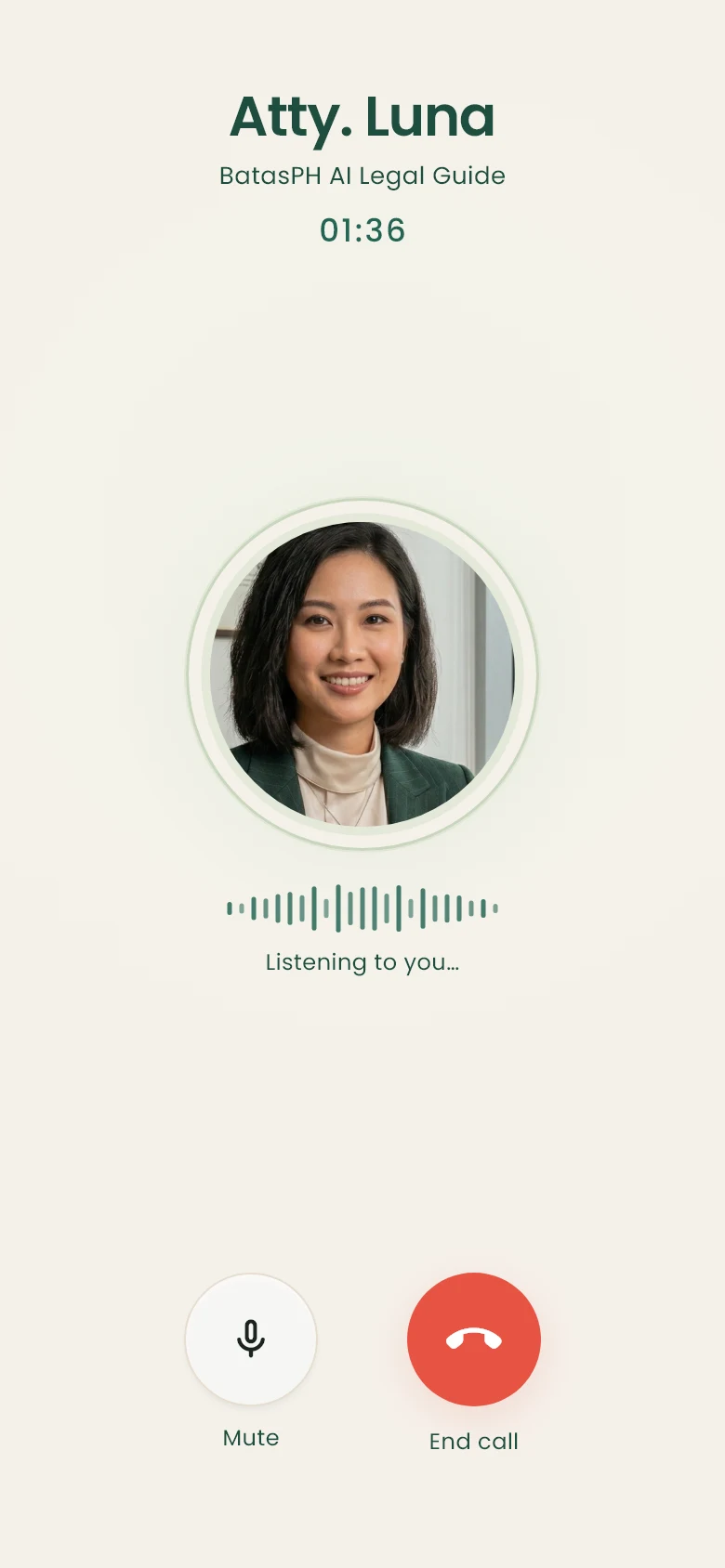 BatasPH live call screen with Atty. Luna and a Listening to you indicator.